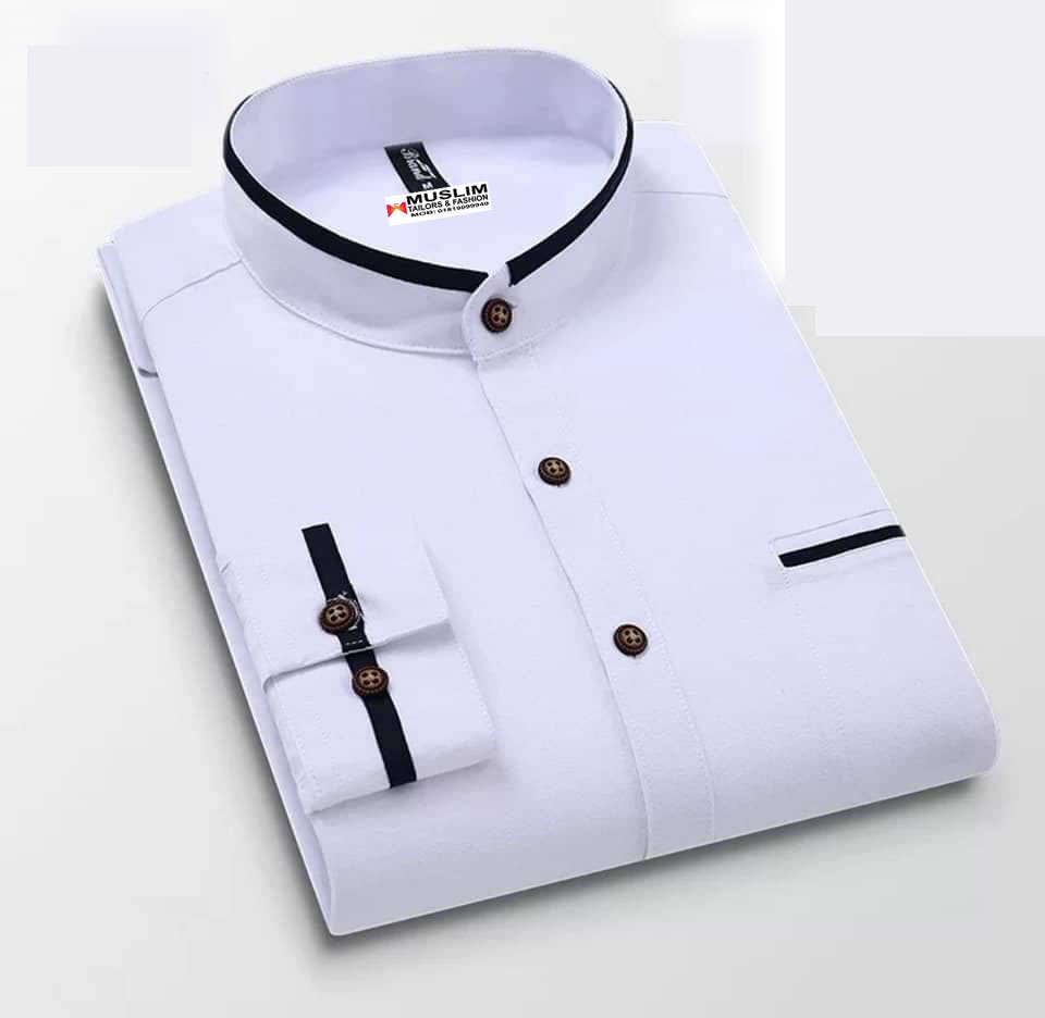 White & Black Piping Long Sleeve Casual Shirt for Men